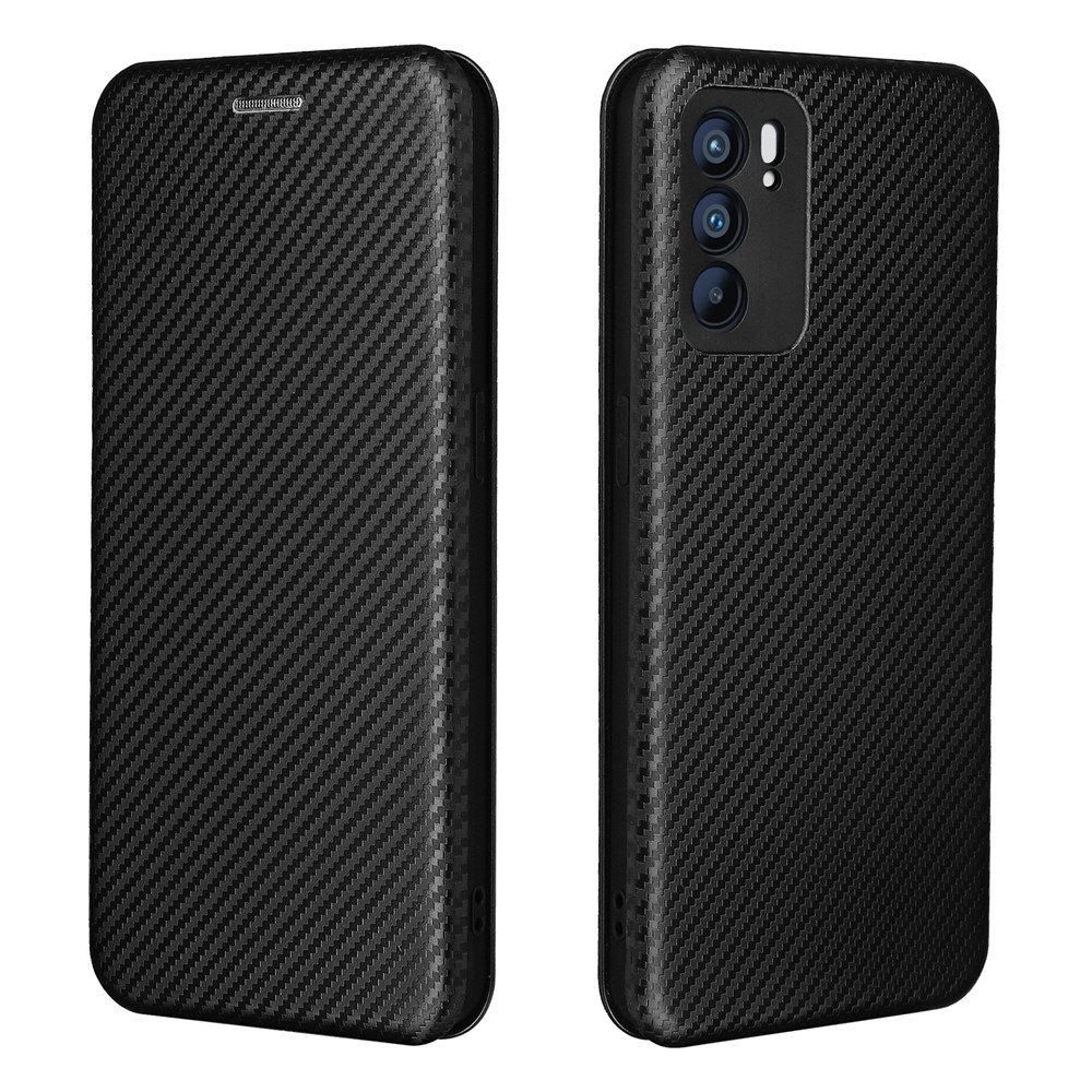 Carbon Fiber Texture Auto-absorbed Leather Mobile Phone Case Stand Design for Oppo Reno6 5G - Black-1