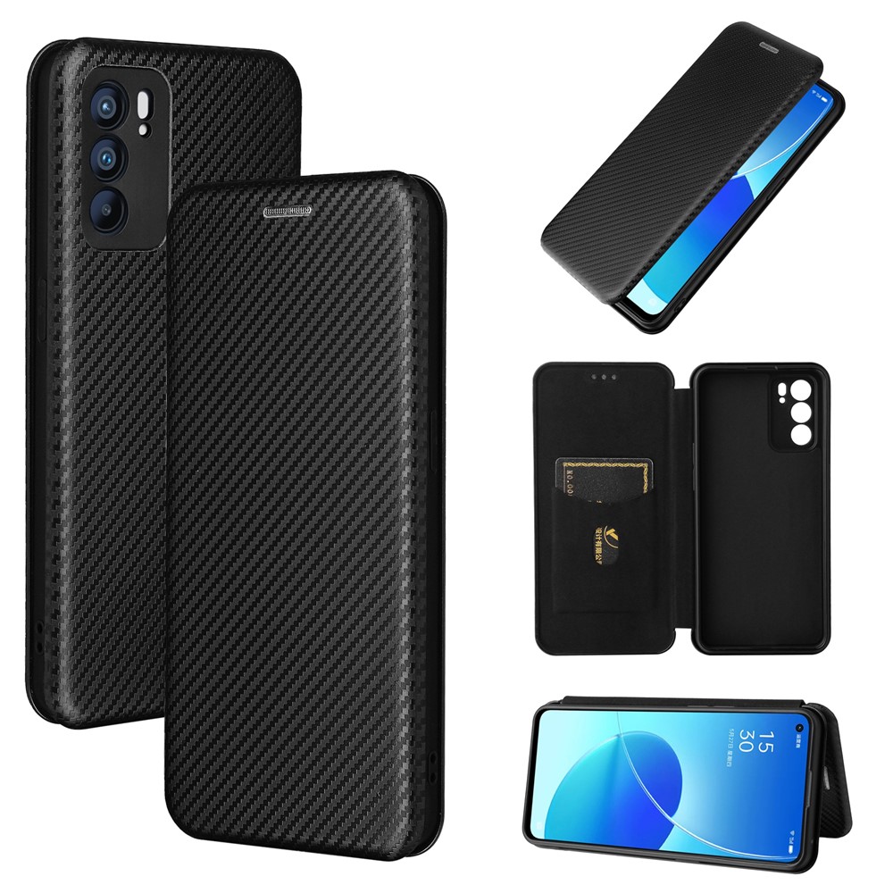 Carbon Fiber Texture Auto-absorbed Leather Mobile Phone Case Stand Design for Oppo Reno6 5G - Black-13