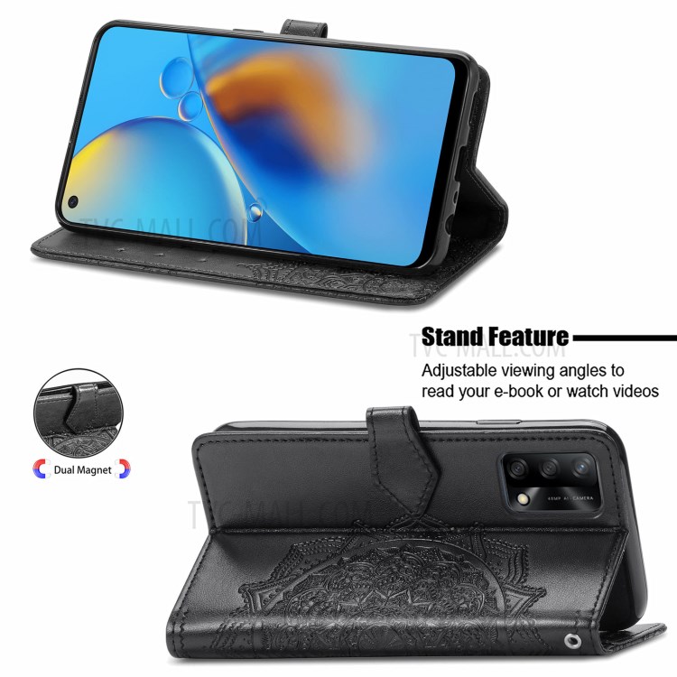 Big Butterfly Imprinting Leather Wallet Protective Phone Shell with Stand Design for Oppo F19 - Black-2