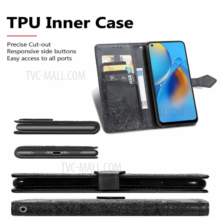 Big Butterfly Imprinting Leather Wallet Protective Phone Shell with Stand Design for Oppo F19 - Black-5