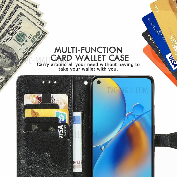 Big Butterfly Imprinting Leather Wallet Protective Phone Shell with Stand Design for Oppo F19 - Black-8