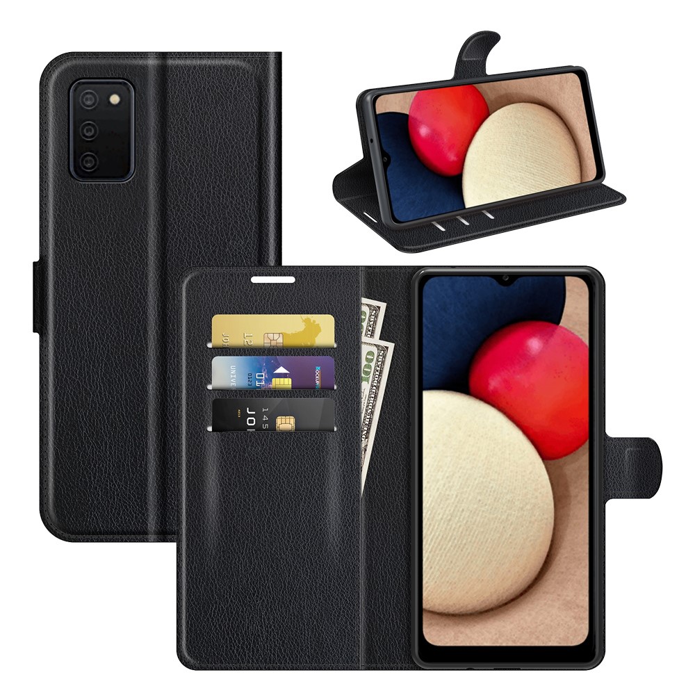 Folio Flip Book Style Protective Litchi Skin Texture Full Body Non-Slip Phone Case for Samsung Galaxy A03s - Black-8