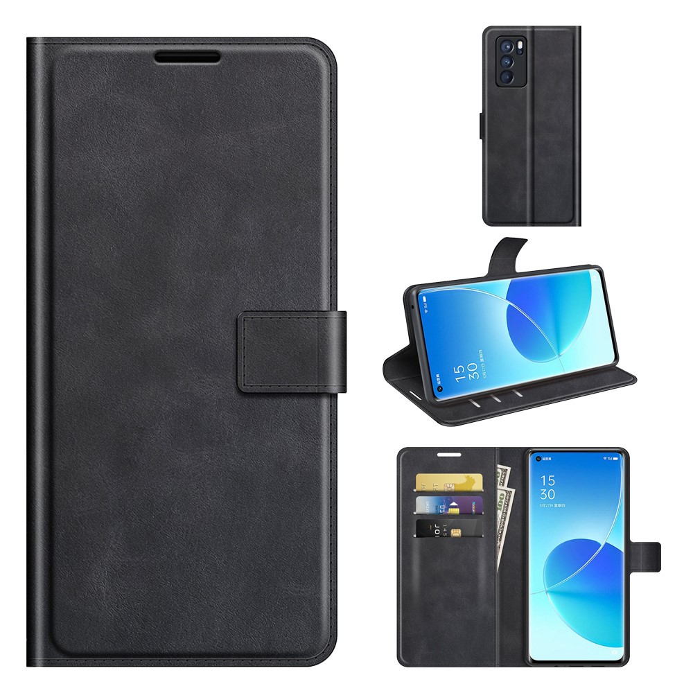 Durable Suave Cuero de Vaca de Cuero Folio Flip Magnetic Stand a Prueba de Golpes Para Oppo Reno6 Pro 5G (MediaTek) - Negro