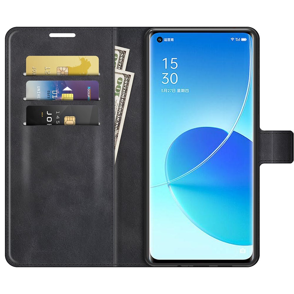 Durable Suave Cuero de Vaca de Cuero Folio Flip Magnetic Stand a Prueba de Golpes Para Oppo Reno6 Pro 5G (MediaTek) - Negro