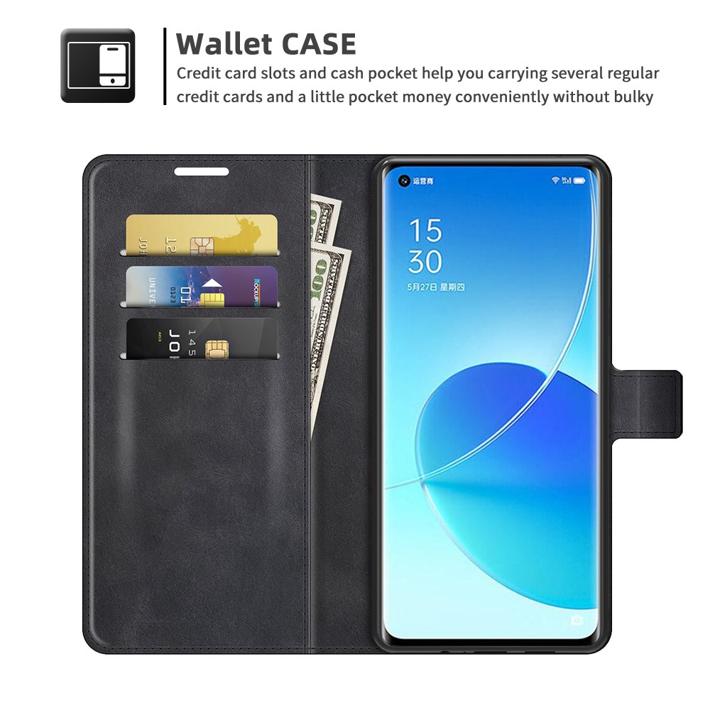 Durable Soft Cowhide Leather Folio Flip Magnetic Stand Shockproof Case for Oppo Reno6 Pro 5G - Black-6