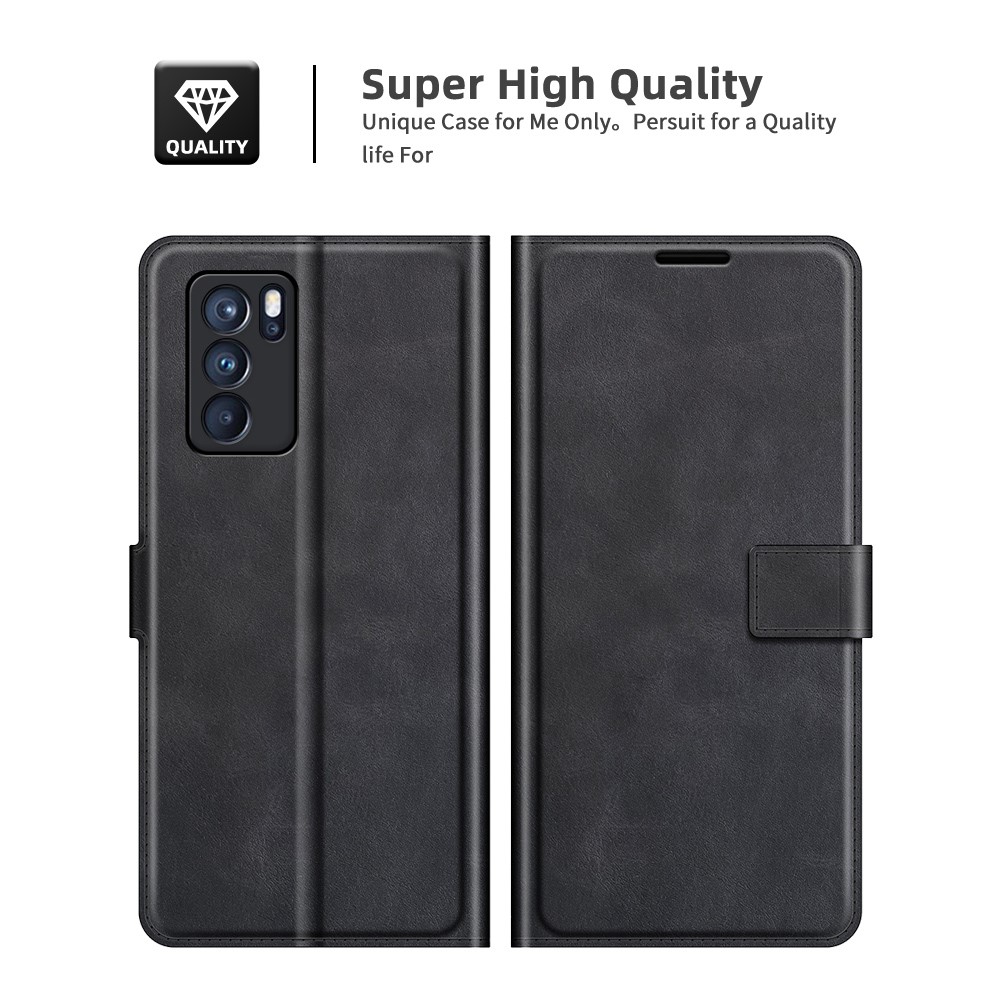 Durable Suave Cuero de Vaca de Cuero Folio Flip Magnetic Stand a Prueba de Golpes Para Oppo Reno6 Pro 5G (MediaTek) - Negro