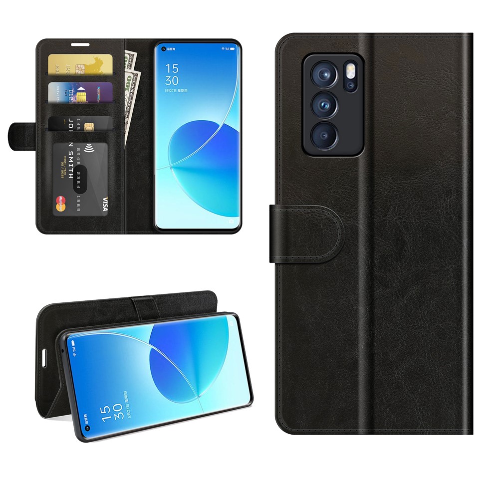 Soft TPU Crazy Horse Texture Leather Wallet Case with Stand for Oppo Reno6 Pro 5G - Black-7