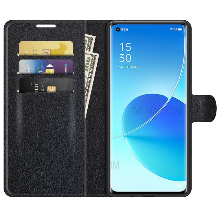 Book Style Protective Litchi Leather Phone Wallet Case Cover with Stand Function for Oppo Reno6 Pro 5G - Black-2