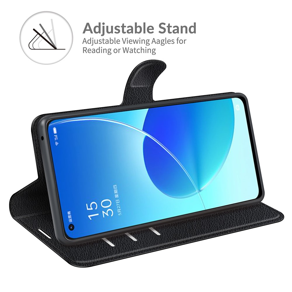 Litchi Skin Full Body Coverage Shockproof Protective Magnetic Folio Wallet Leather Phone Case for Oppo Reno6 5G - Black-3