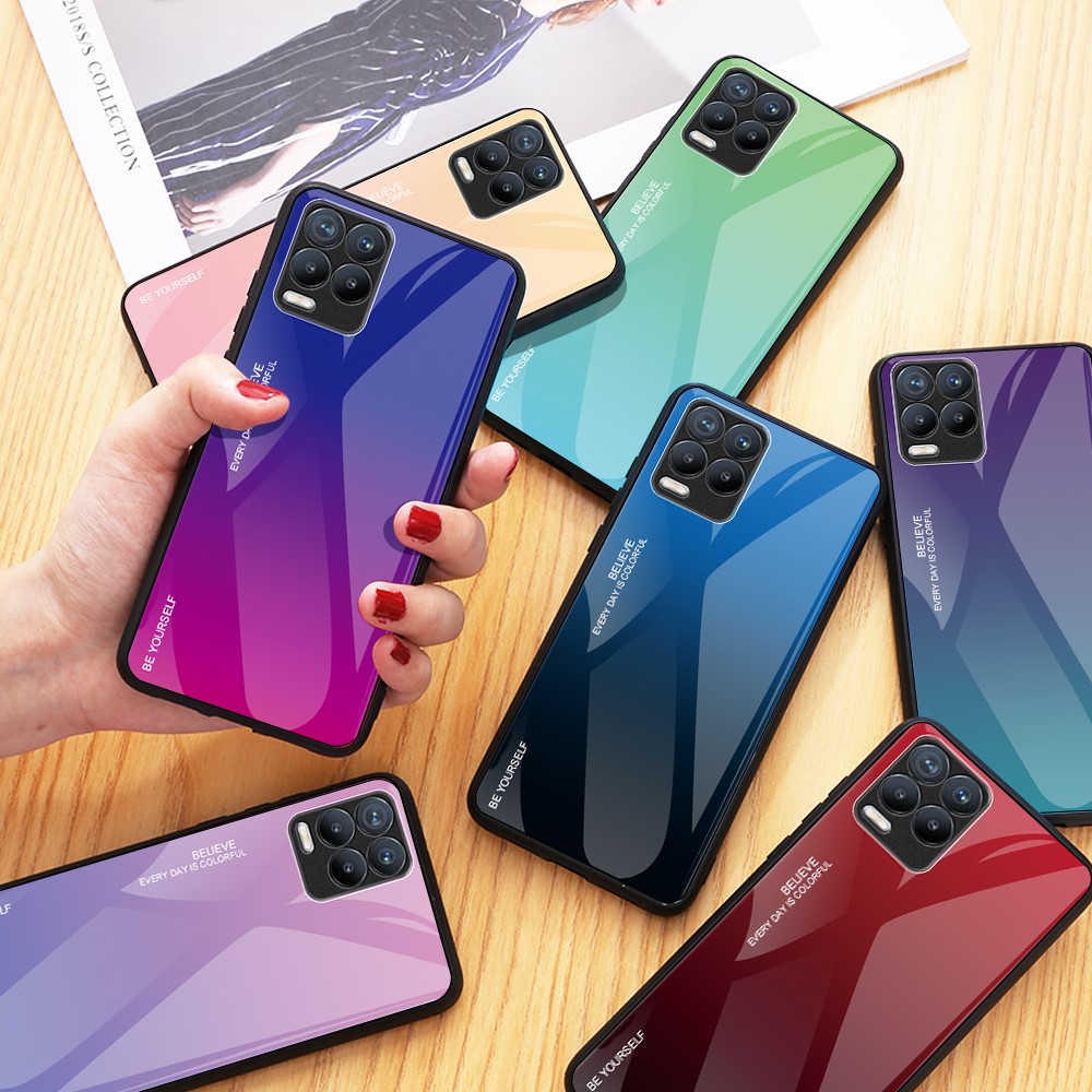Slim Anti-Scratch Flexible Quality Tempered Glass Case with Bicolor Gradient Design for Realme 8 / 8 Pro - Blue/Rose-9