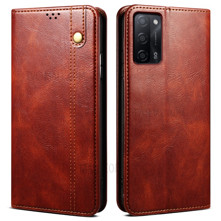 Leisure Waxy Crazy Horse Texture Protector Case TPU + PU Leather Cover for Oppo A55 5G/A53s 5G - Red-1