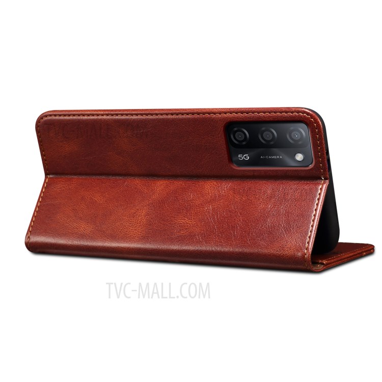 Leisure Waxy Crazy Horse Texture Protector Case TPU + PU Leather Cover for Oppo A55 5G/A53s 5G - Red-13
