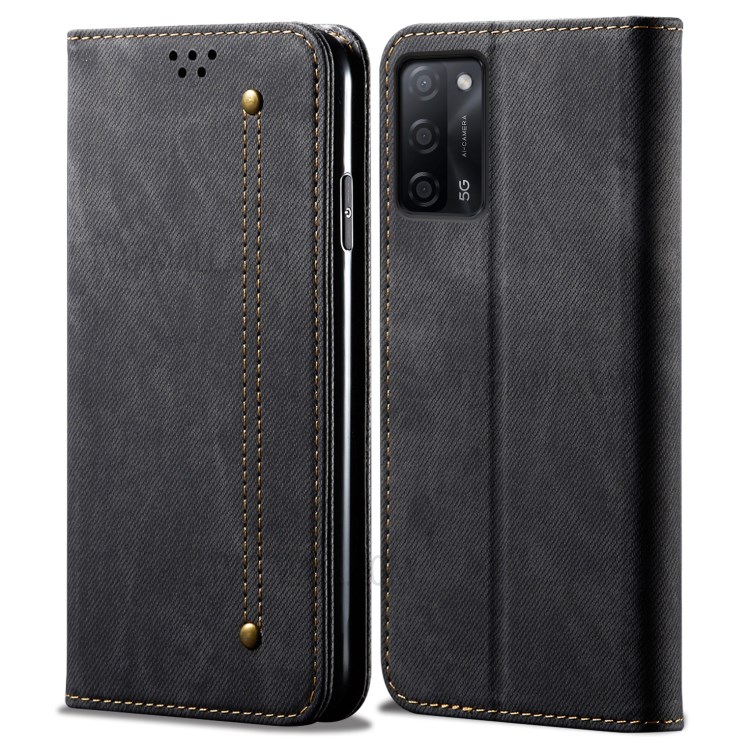Leisure Jeans Cloth Texture Leather Wallet Case with Stand for Oppo A55 5G/A53s 5G - Black-1