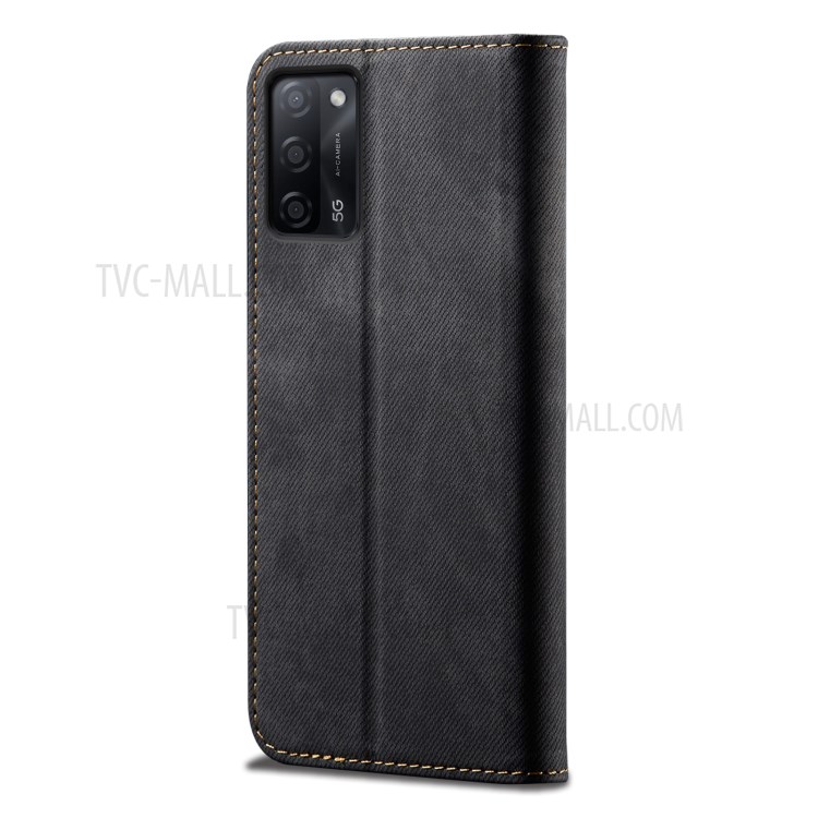 Leisure Jeans Cloth Texture Leather Wallet Case with Stand for Oppo A55 5G/A53s 5G - Black-3