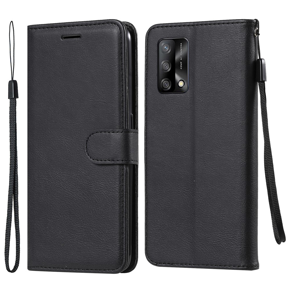 Plain Wallet Leather Phone Stand Shell with Strap for Oppo A74 4G/F19 4G - Black-1