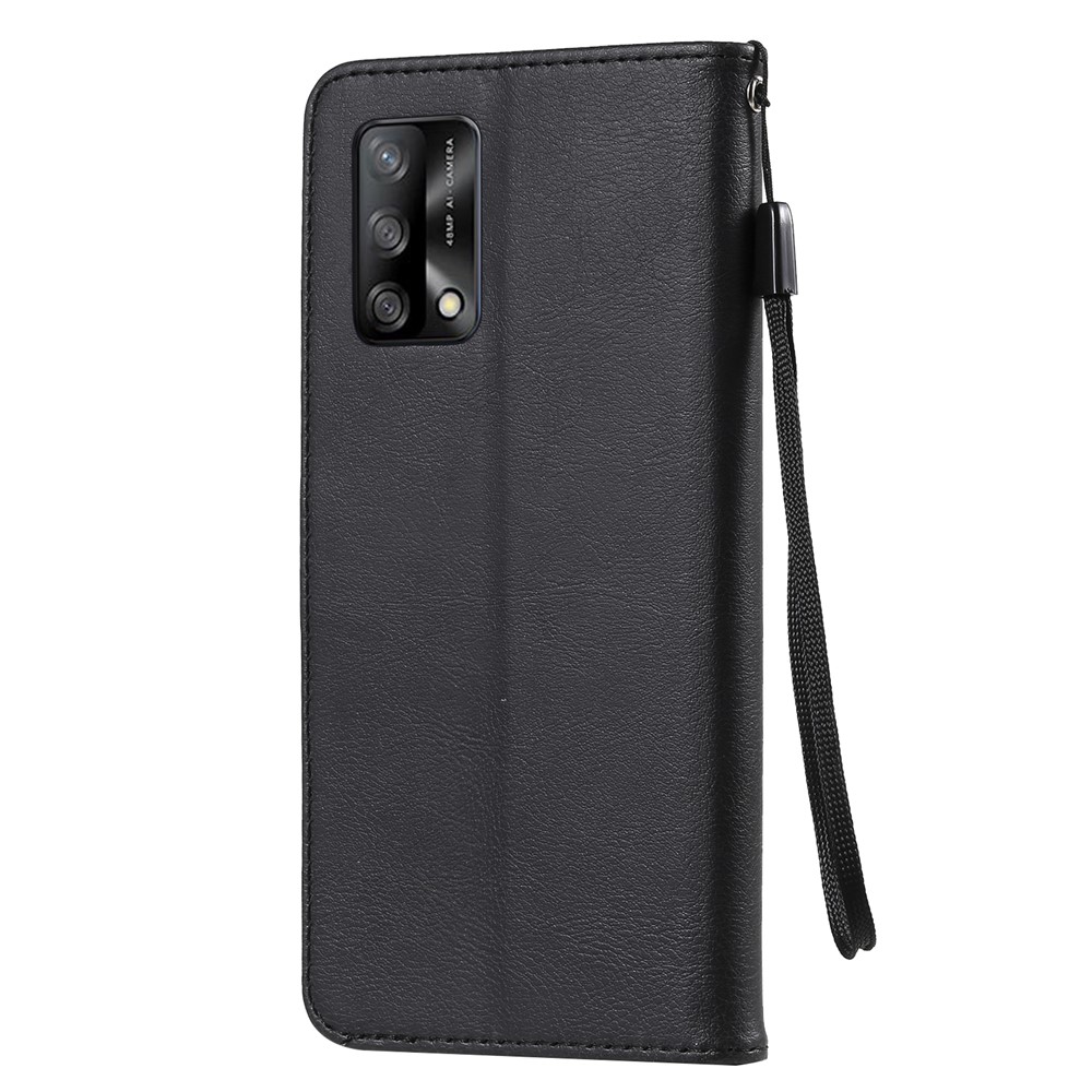 Plain Wallet Leather Phone Stand Shell with Strap for Oppo A74 4G/F19 4G - Black-3