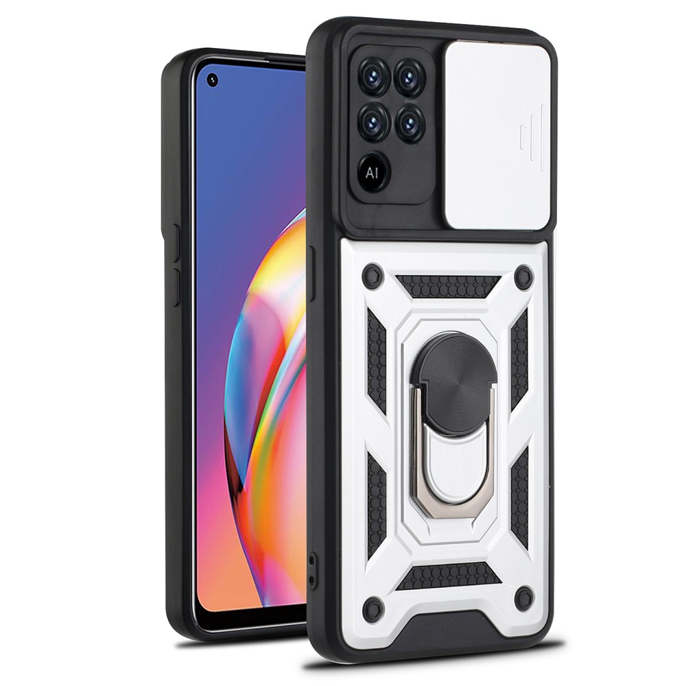 Camera Slide Phone Case with Kickstand Ring Holder for Oppo A94 4G / F19 Pro / Reno5 F - Silver-1