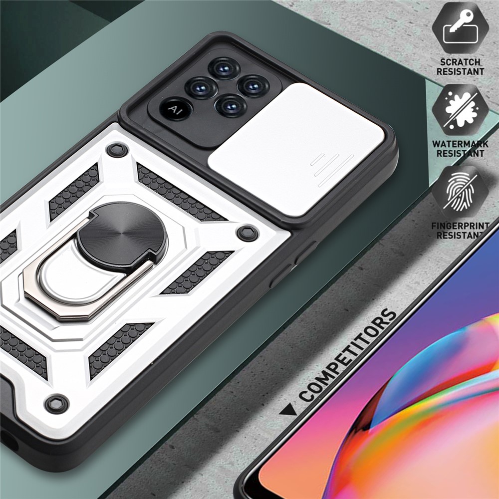 Camera Slide Phone Case with Kickstand Ring Holder for Oppo A94 4G / F19 Pro / Reno5 F - Silver-3