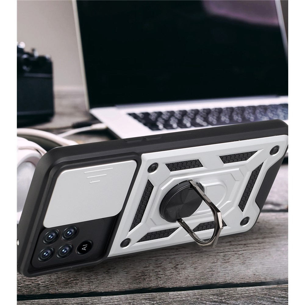 Camera Slide Phone Case with Kickstand Ring Holder for Oppo A94 4G / F19 Pro / Reno5 F - Silver-5
