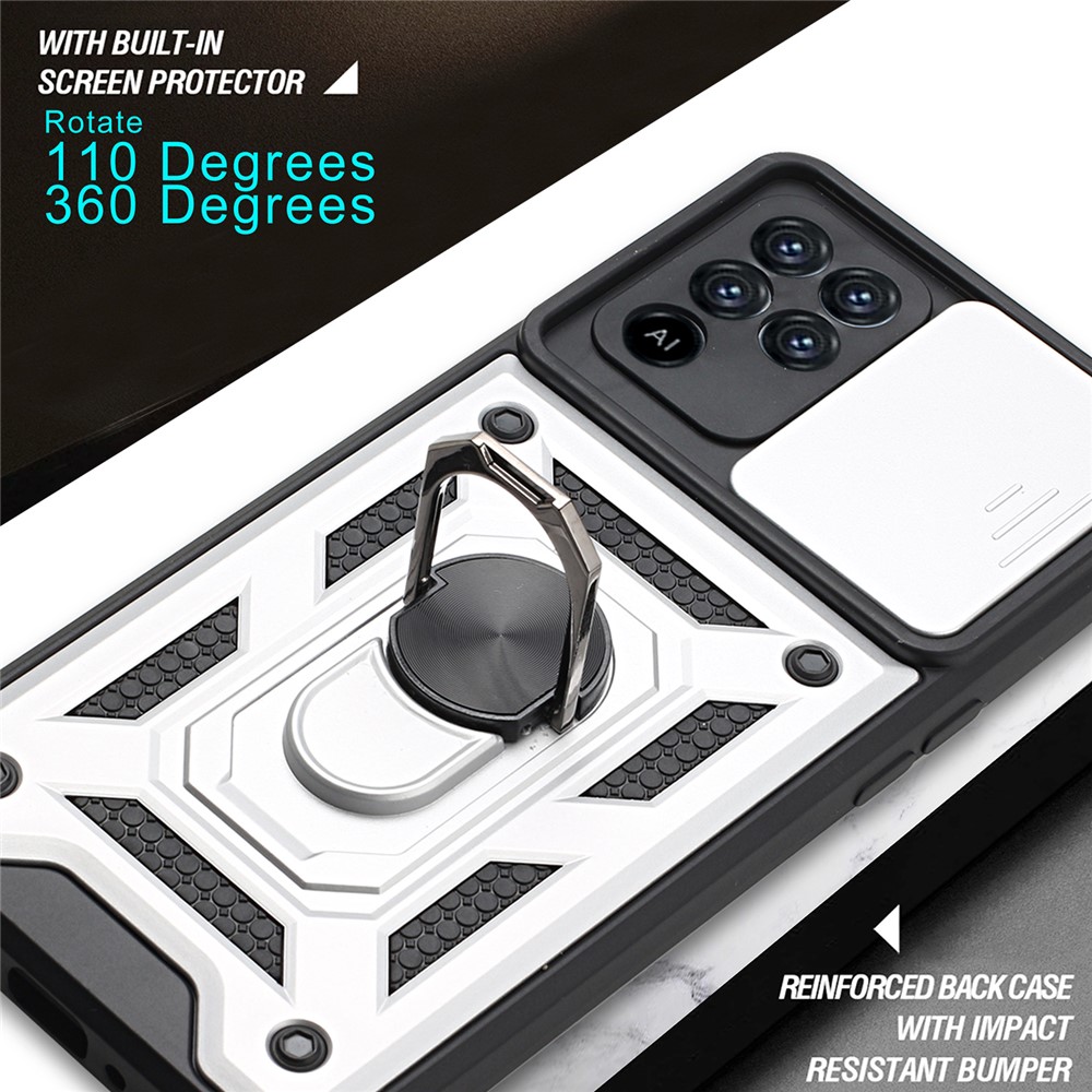 Camera Slide Phone Case with Kickstand Ring Holder for Oppo A94 4G / F19 Pro / Reno5 F - Silver-6