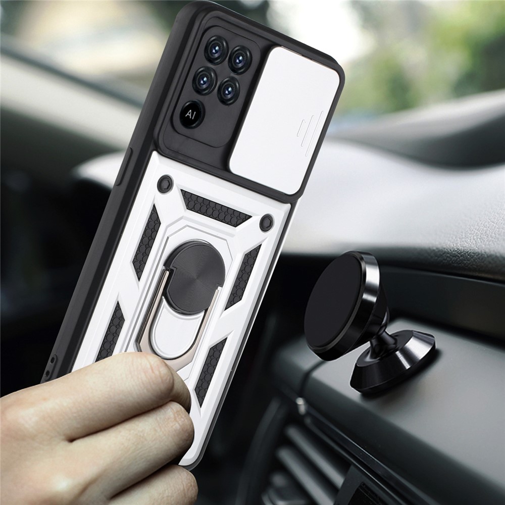 Camera Slide Phone Case with Kickstand Ring Holder for Oppo A94 4G / F19 Pro / Reno5 F - Silver-7
