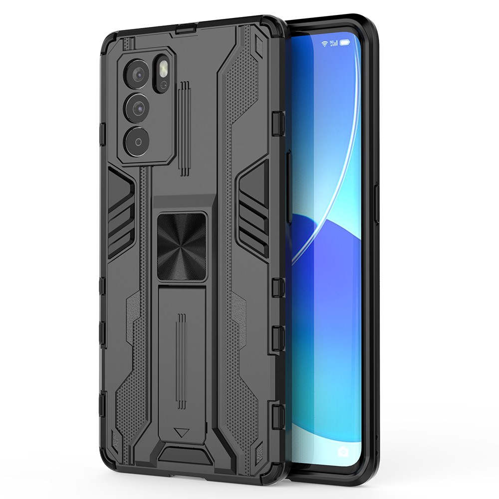 Military Grade Dual Layer Shockproof PC + TPU Hybrid Kickstand Protective Cover for Oppo Reno6 Pro 5G - Black-1