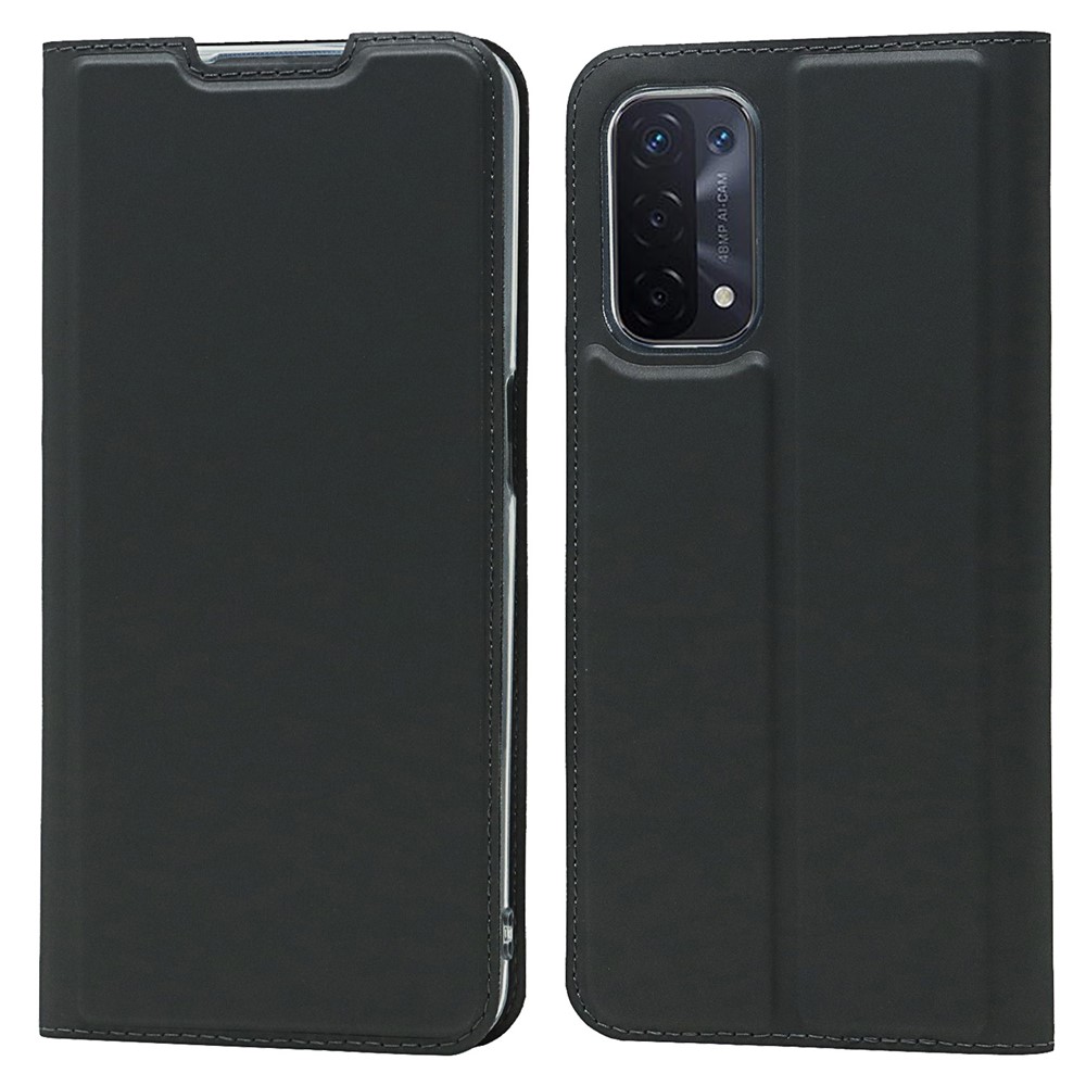 Auto-absorbed Leather Phone Cover Stand Case with Card Slot for Oppo A54 5G - Black-1