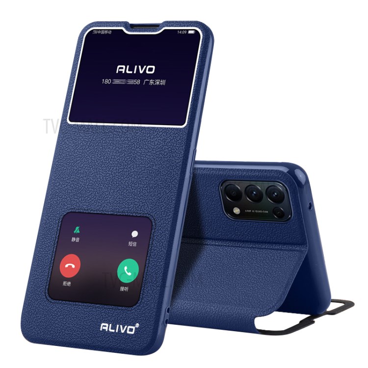 ALIVO Full Protective Wood Texture Leather Shell with Stand and View Window for Oppo Reno5 5G/Reno5 4G/Reno5 K/Find X3 Lite - Blue-1