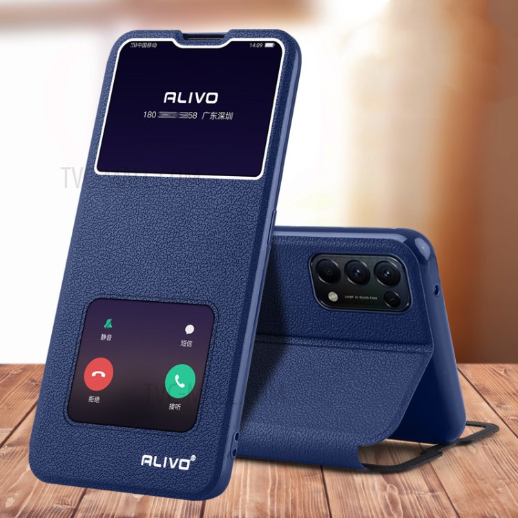 ALIVO Full Protective Wood Texture Leather Shell with Stand and View Window for Oppo Reno5 5G/Reno5 4G/Reno5 K/Find X3 Lite - Blue-6