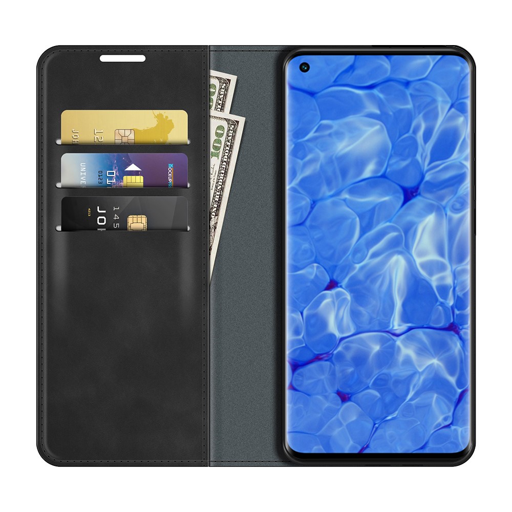 Skin-touch Feeling Strong Magnet Folio Wallet Case de Teléfono Protector Para Oppo Reno6 Pro+ 5G/Pro 5G (Snapdragon) - Negro