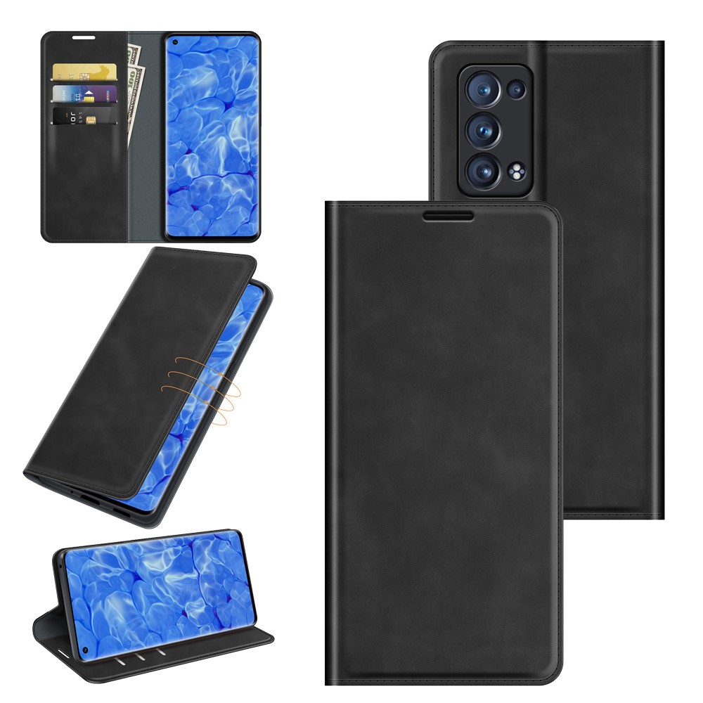 Cutage de la Peau du Portefeuille Aimant Fort du Portefeuille de Téléphonie de Protection Pour Oppo Reno6 Pro + 5G / Pro 5G (Snapdragon) - le Noir