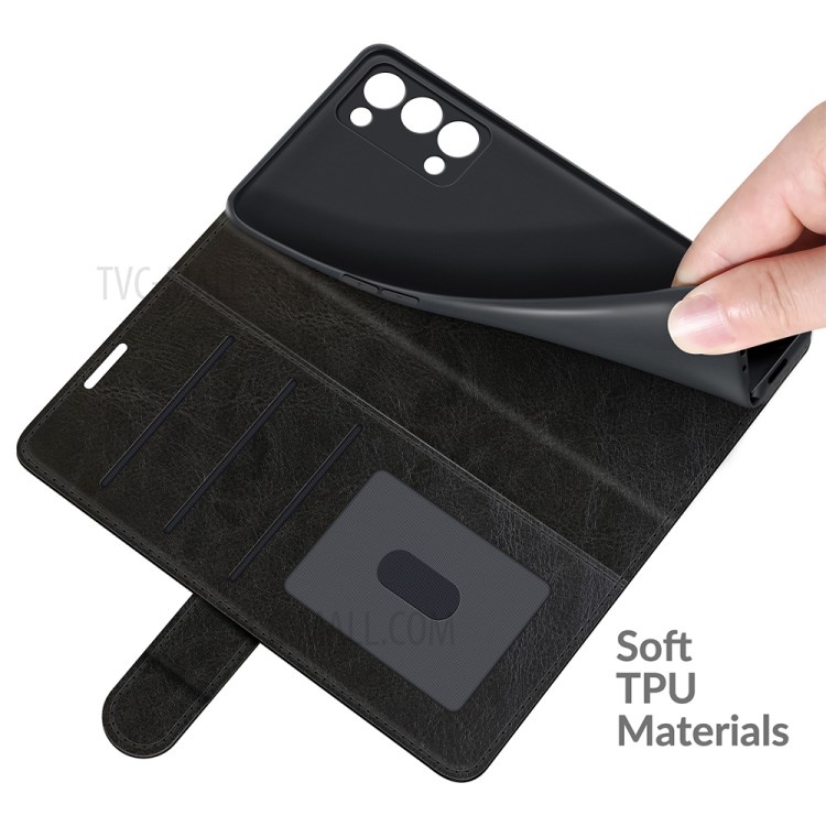 Crazy Horse Texture Soft Leather Wallet Stand Design Protective Case for Oppo Reno6 Pro+ 5G - Black-7