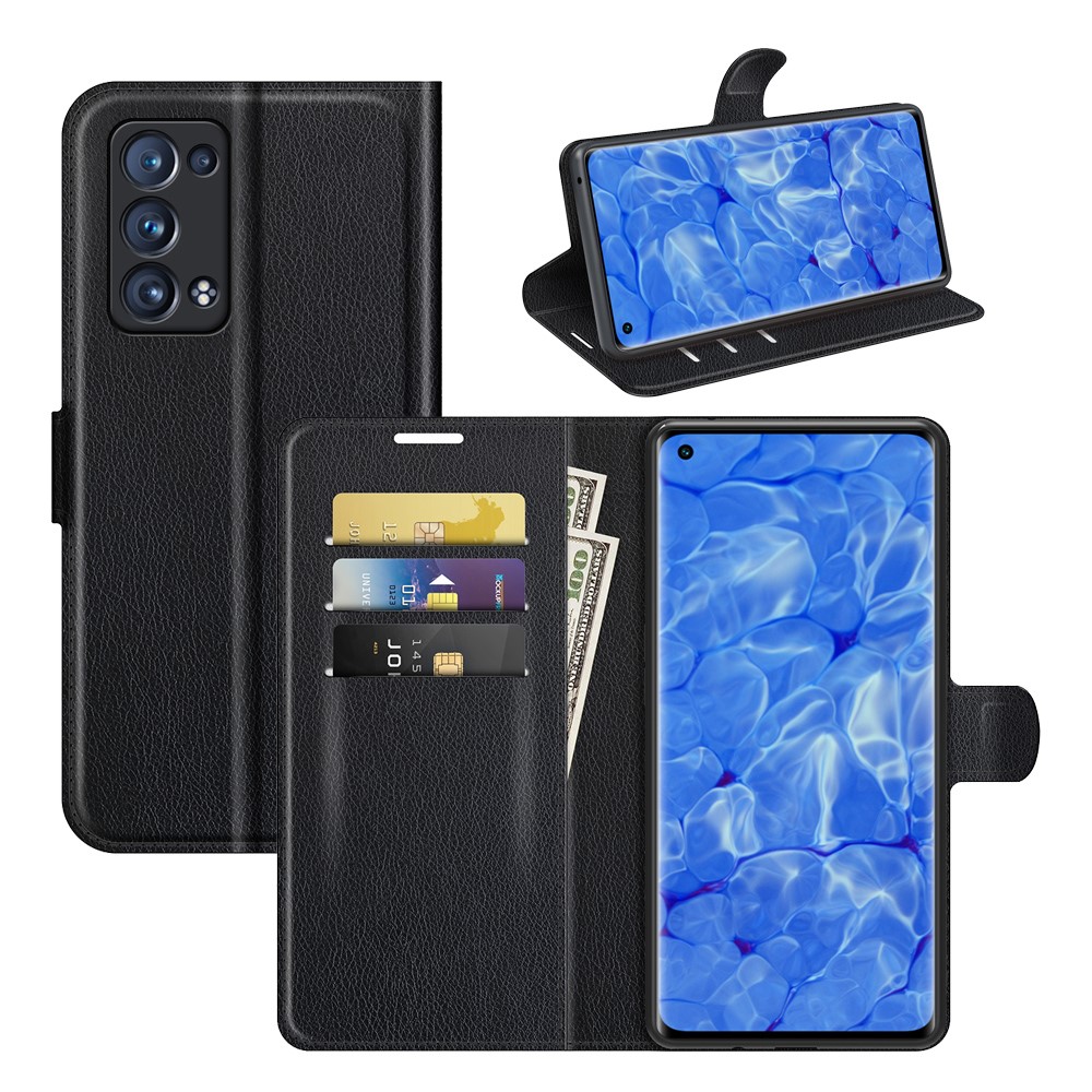 Litchi Texture Leather Wallet Phone Case Protector with Stand for Oppo Reno6 Pro+ 5G - Black-8