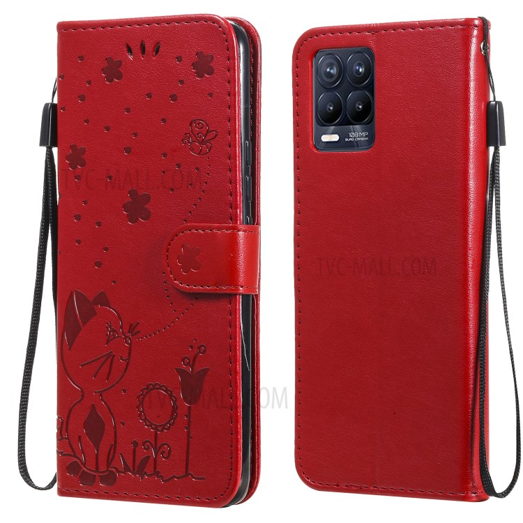 Unique Cat and Bee Pattern Imprinting Leather Case with Wallet Stand for Realme 8/8 Pro - Red-1
