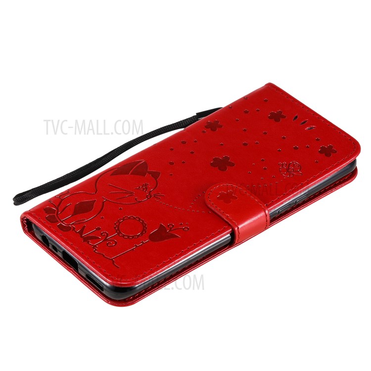 Unique Cat and Bee Pattern Imprinting Leather Case with Wallet Stand for Realme 8/8 Pro - Red-10