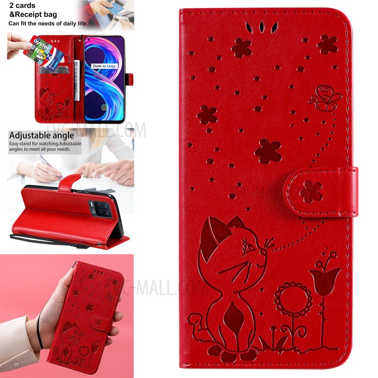 Unique Cat and Bee Pattern Imprinting Leather Case with Wallet Stand for Realme 8/8 Pro - Red-14