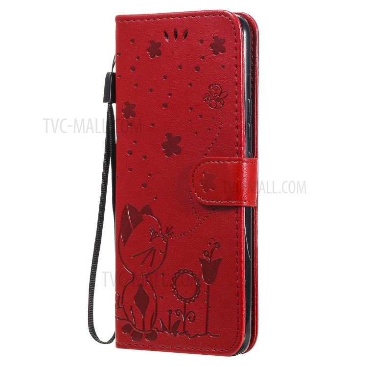 Unique Cat and Bee Pattern Imprinting Leather Case with Wallet Stand for Realme 8/8 Pro - Red-2