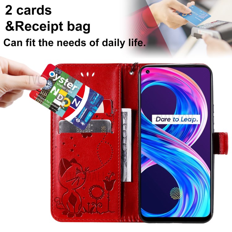 Unique Cat and Bee Pattern Imprinting Leather Case with Wallet Stand for Realme 8/8 Pro - Red-5