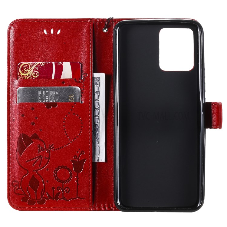 Unique Cat and Bee Pattern Imprinting Leather Case with Wallet Stand for Realme 8/8 Pro - Red-7