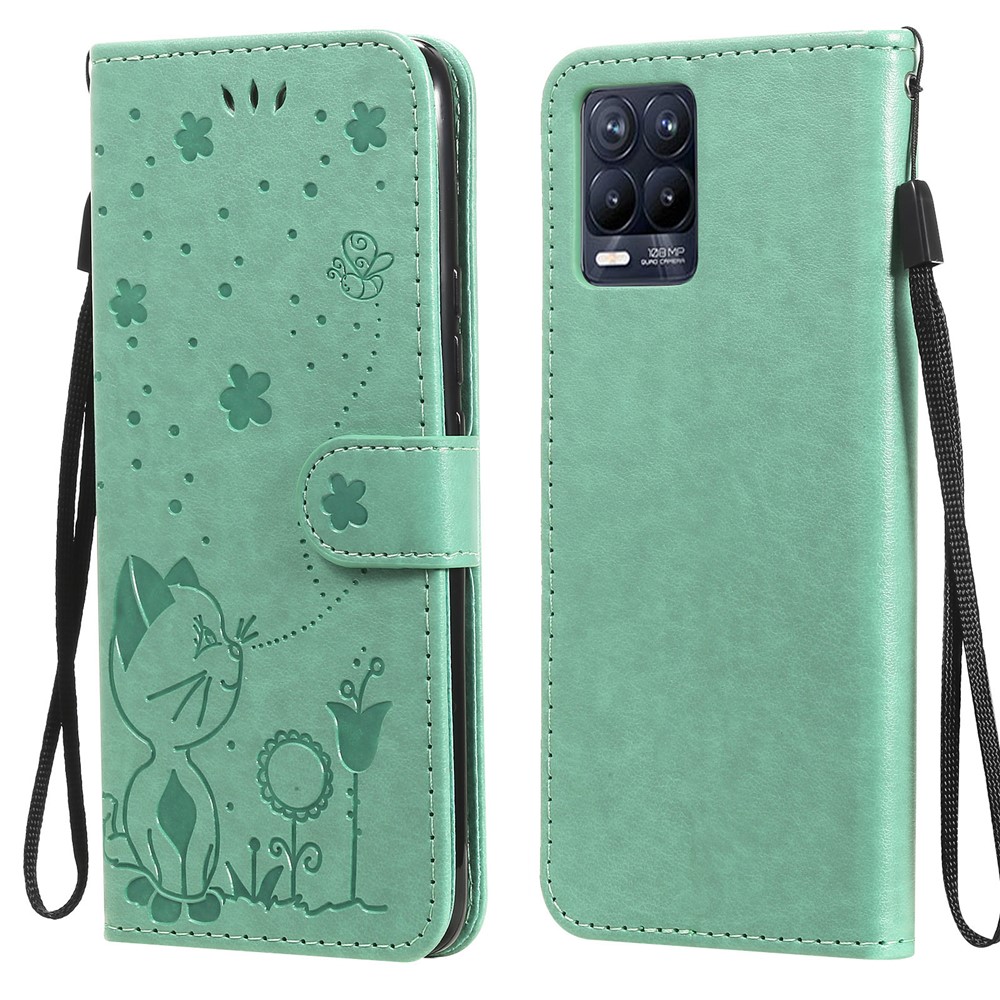 Unique Cat and Bee Pattern Imprinting Leather Case with Wallet Stand for Realme 8/8 Pro - Green-1