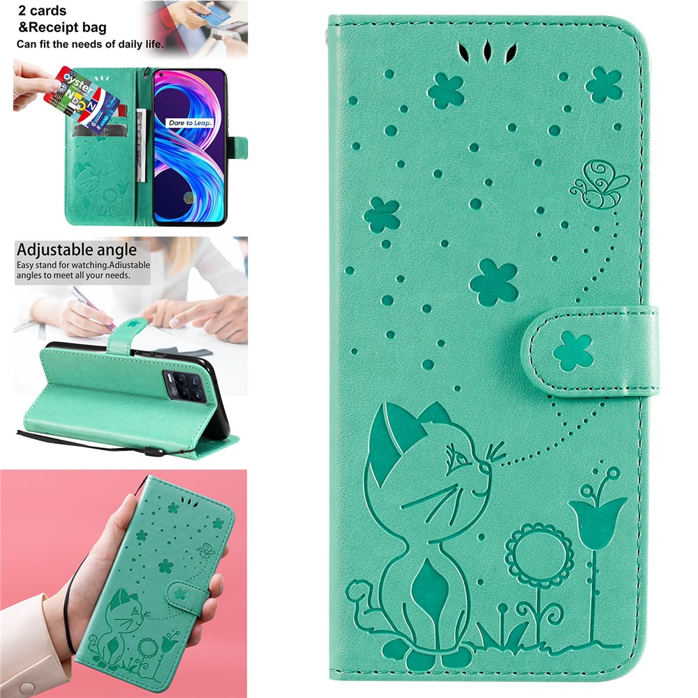 Unique Cat and Bee Pattern Imprinting Leather Case with Wallet Stand for Realme 8/8 Pro - Green-14