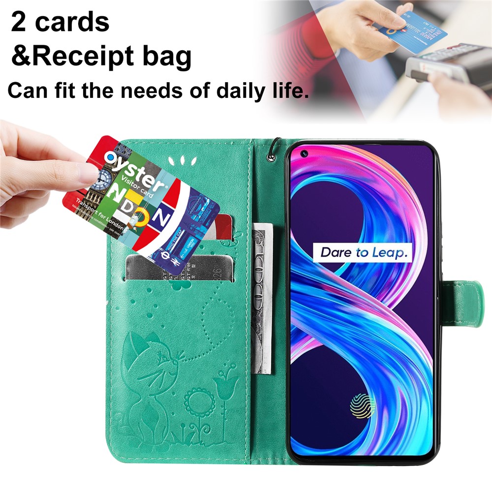 Unique Cat and Bee Pattern Imprinting Leather Case with Wallet Stand for Realme 8/8 Pro - Green-5
