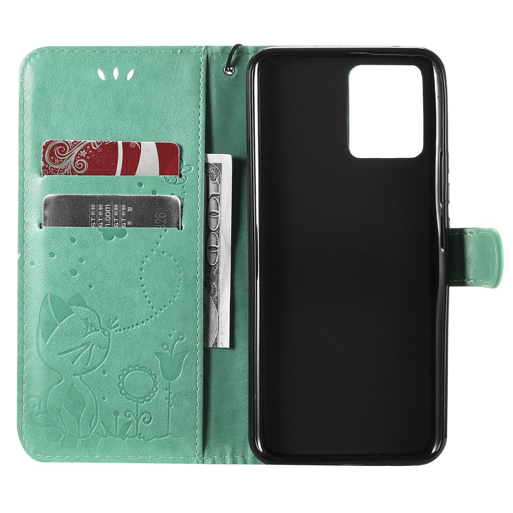 Unique Cat and Bee Pattern Imprinting Leather Case with Wallet Stand for Realme 8/8 Pro - Green-7