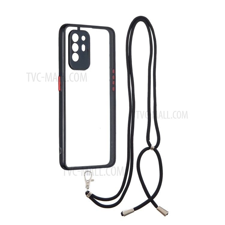 Shock-Proof Crystal Hybrid Phone Back Cover Shell with Lanyard for Oppo F19 Pro+ 5G/A94 5G - Black-1