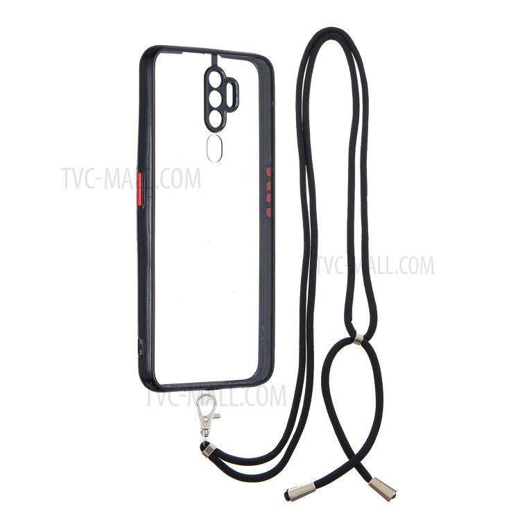 Full Body Coverage Crystal Hybrid Phone Back Cover Shell with Lanyard for OPPO A5 (2020)/A9 (2020) - Black-1
