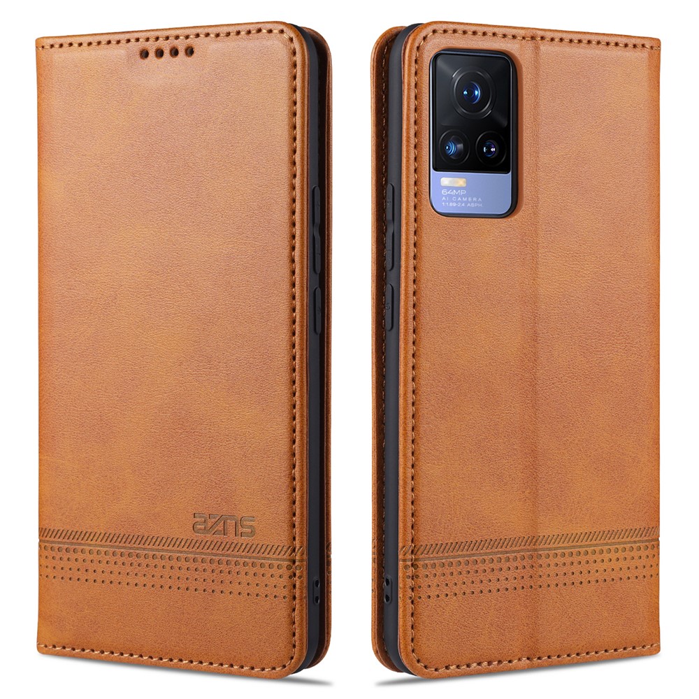 AZNS Auto-absorbed Magnetic Leather Wallet Case Phone Stand Shell for vivo V21e/Y73 (2021) - Brown-1