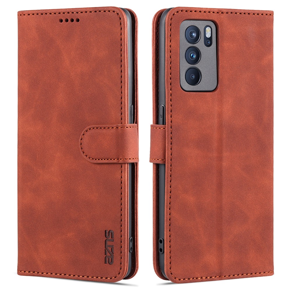 AZNS Well-Selected PU Leather Phone Wallet Case Stand Cover for Oppo Reno6 5G - Brown-1