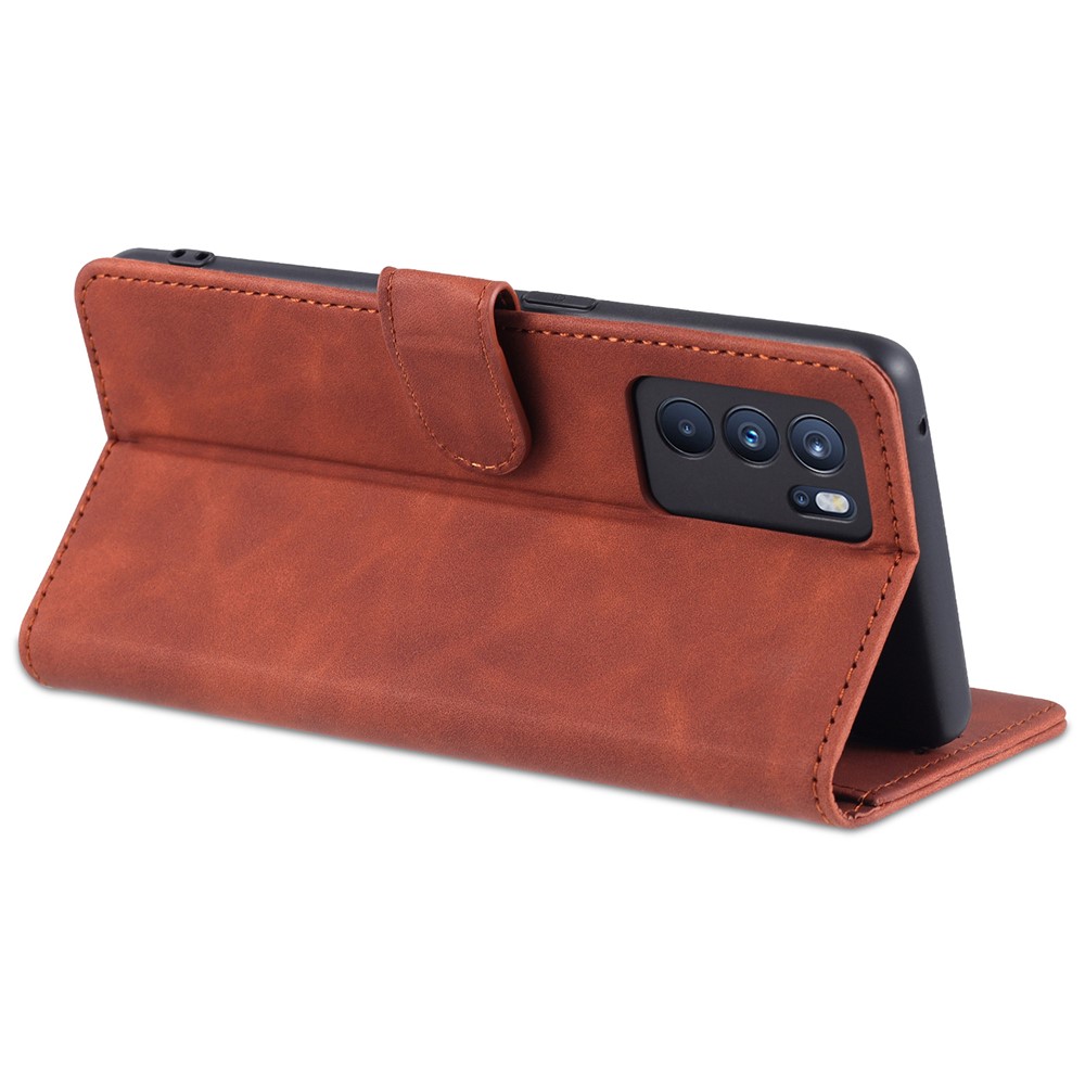AZNS Well-Selected PU Leather Phone Wallet Case Stand Cover for Oppo Reno6 5G - Brown-8