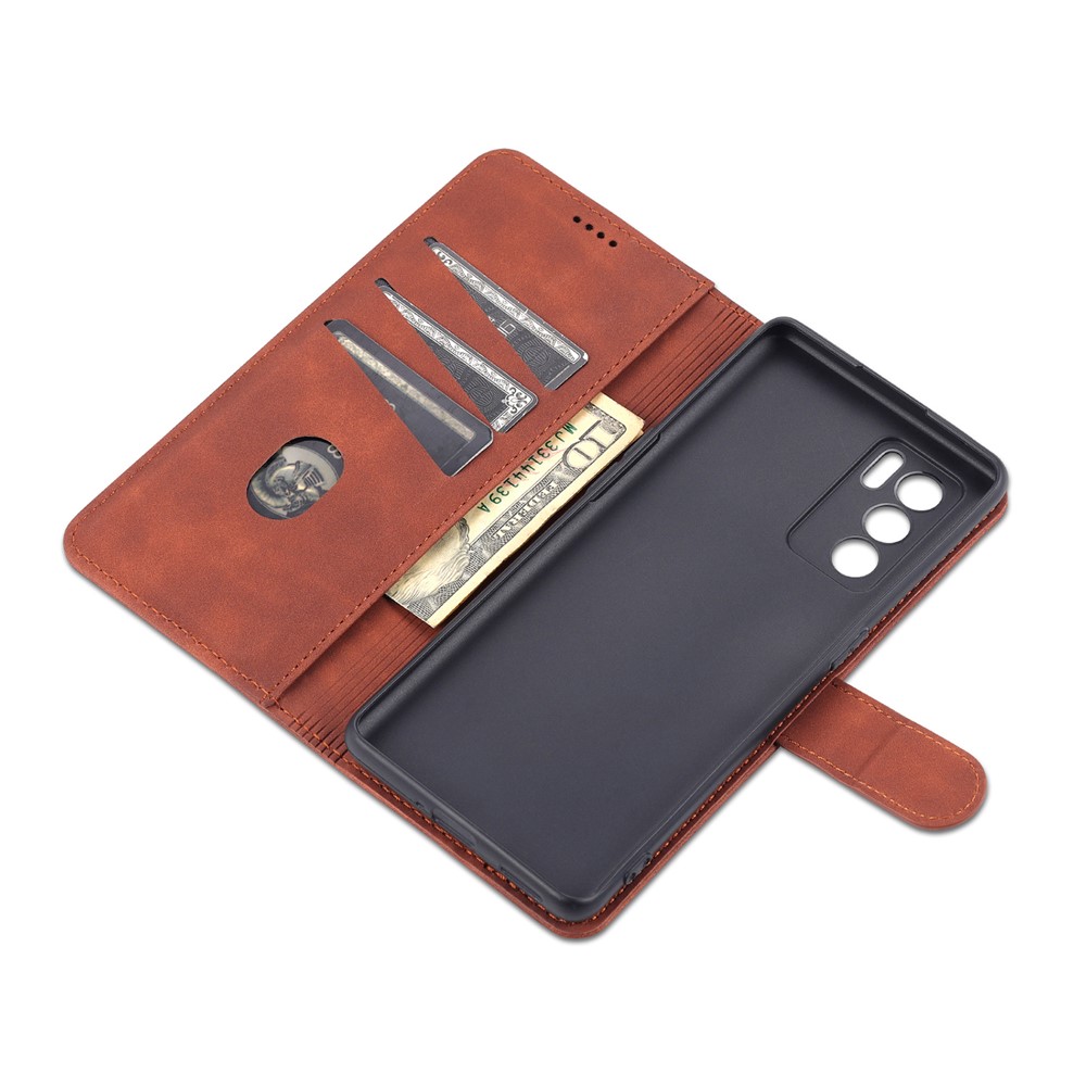 AZNS Well-Selected PU Leather Phone Wallet Case Stand Cover for Oppo Reno6 5G - Brown-9