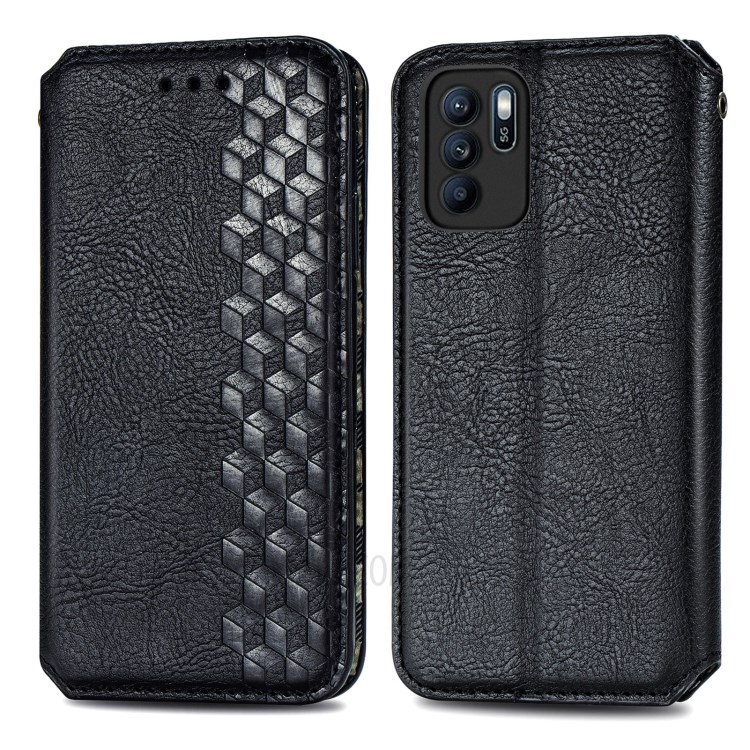 Imprinting Rhombus Wallet Stand Design Auto-absorbed Leather Cover Phone Case for Oppo Reno6 Z - Black-1